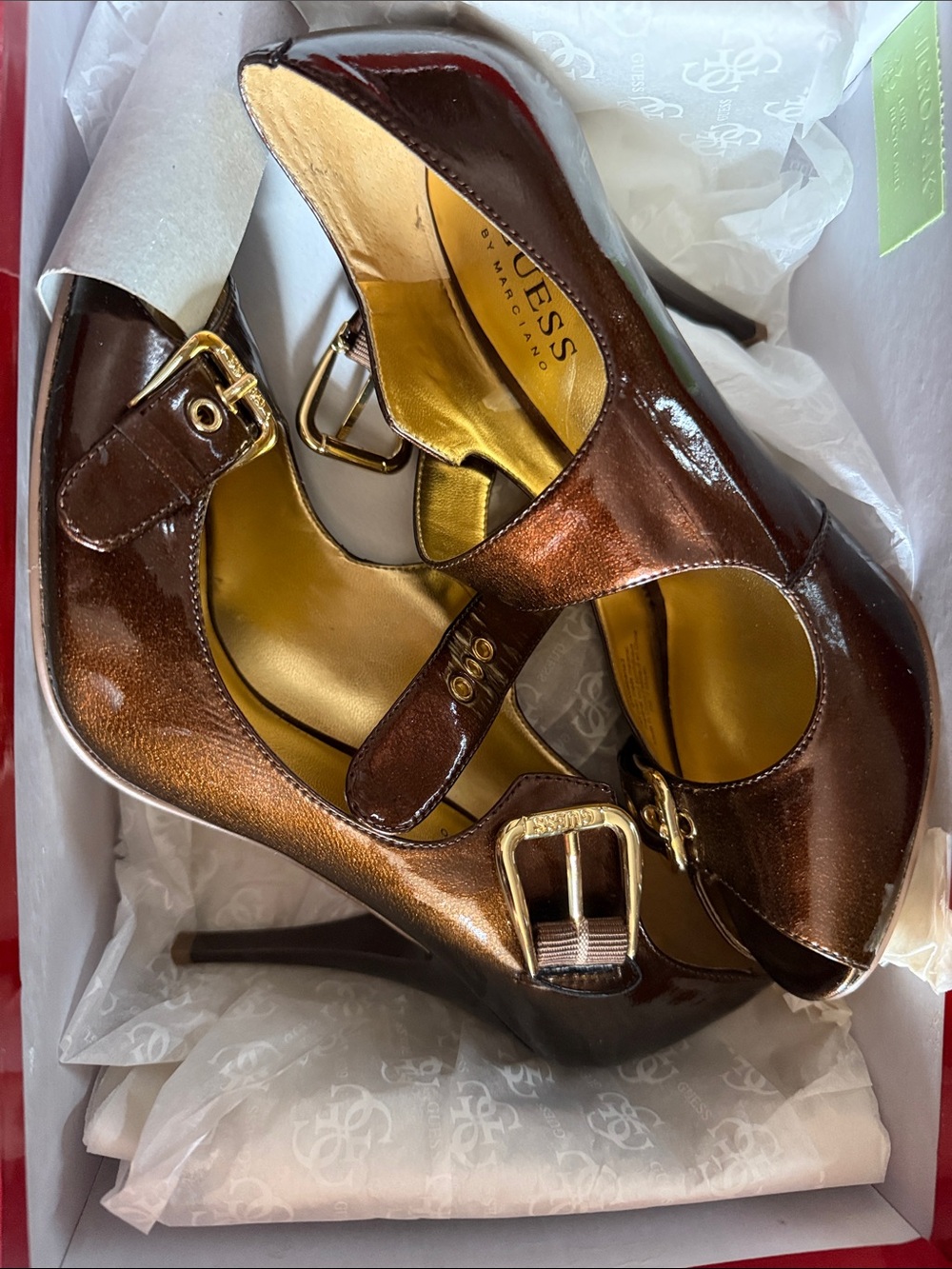 Guess Metallic Brown Mary Jane Heels with Gold Buckles